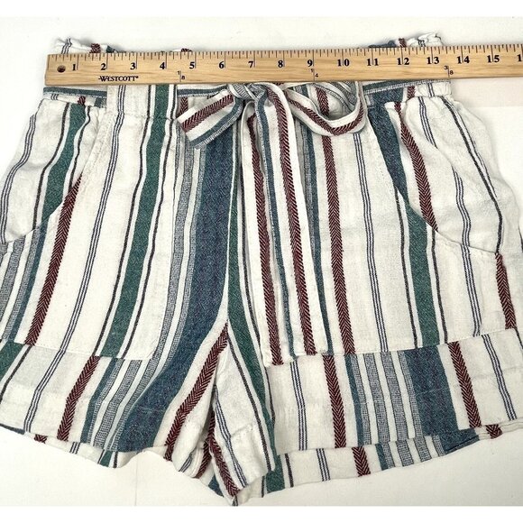 INDIGO REIN Womens MEDIUM Teal/Maroon Stripe Linen Blend 2.5" Paperbag SHORTS - Picture 4 of 7
